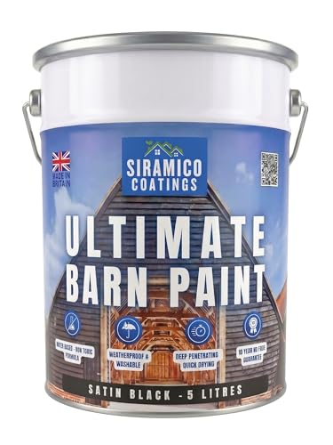 SIRAMICO COATINGS One Coat Ultimate Barn Acrylic Paint - Black - 5 Litres - 10 Year Guarantee (Satin Black 5 Liters)