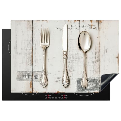 KitchenYeah© Protector Vitroceramica 78x52 cm Tapa para induccion Placa Encimera Cubre de Protectora Cocina Plata - Cubiertos - Madera
