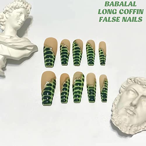 Babalal Press On Nails Long Coffin Fake Nails Green Glue On Nails French Tip Acrylic Nails 24Pcs Ballerina Long False Nails With Crocodile Pattern Design Nails For Women And Girls #TOP3