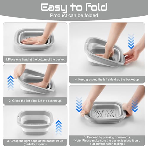 SINGARO 1.5 Gal (5.5L) Collapsible Dish Basin with Drain Basket Colanders, Multiuse Double-Layer Foldable Strainers Sink Tub, Collapsible Wash Basin Pan, Plastic Tubs, Dishpan, Kitchen Sink, Grey