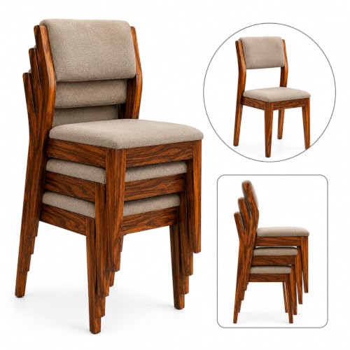 Image of Genuine Decor Solid Sheesham Wood Dining Chairs Set of 2, Beige Upholstered Cushioned Seat, Rustic Teak Brown Finish, Wooden Dining Chair for Dining Room, Kitchen & Living Room, Made in India