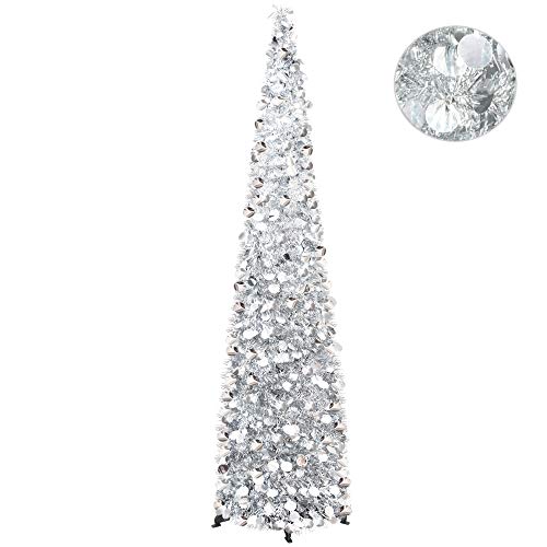 YuQi 6FT Pop Up Christmas Tinsel White Trees w/Plump Shiny Sequins,Collapsible Artificial Pencil