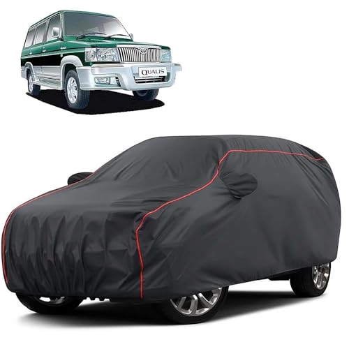 Image of Sulfar 100% Water Resistant Car Body Cover Compatible with Mirror for Toyota Qualis (Triple Stitched, Full Bottom Elastic, Dark Grey Taffeta with Red Piping)