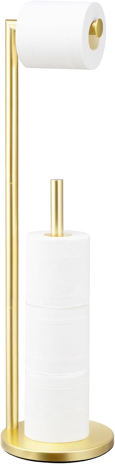 Toilet Paper Holder Stand,Toilet Paper Holder Free Standing,Toilet Paper Roll Holder for 4 Rolls,Gold Bathroom Toilet Paper with Storage…