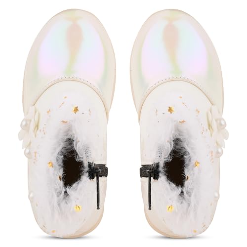 Image of Hooh Kids Girls LED Light Up Shoes Cum Boots with Faux Fur Trim and Flower Applique for 0 Months to 12 Years (for Greater Than 5 Years Age vs Size Chart in Images)