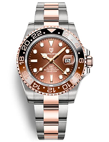 Pagani Design GMT Reloj para Hombre Automático Clásico Bisel de Cerámica Bisel Cristal de Zafiro Acero Inoxidable 100M Resistente al Agua 40MM（3 Oro Rosa）