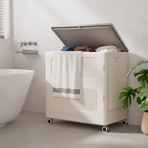 Image of HAIXIN HOME Slim Rolling Laundry Hamper with Lid, 60L Foldable Plastic Laundry Basket on Wheels with Handle, Dirty Clothes Hamper Cart for Narrow Spaces, Bedroom, Bathroom, Closet, Dorm, Under Table