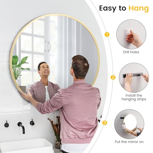 GarveeHome Round Mirror, 18 in Small Aluminum Alloy Circle Frame, High Definition Eco-Friendly Gold Round Bathroom Mirror for Over Sink, Wall Mirror for Entryway, Bathroom, Vanity - Image 6