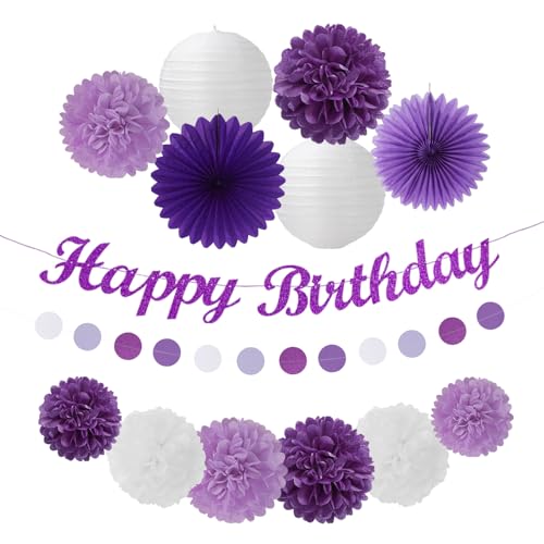 Image of Purple White Birthday Party-Decorations Paper-Flowers - 14pcs Happy Banner Lavender Lanterns Tissue Pom Poms,Lilac Streamers Garland Fans,Women Girls Adult Kids Office Hanging Supplies Decor Hugfond