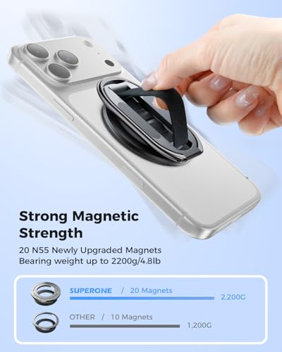 Image of SUPERONE Two-Sided Magnet MagSafe Phone Grip & Stand with Nylon Finger Loop | Foldable Magnetic Phone Ring Holder for Gym, Removable MagSafe Kickstand for iPhone 17 /16 /15 /14 /13 Series and MagSafe Cases