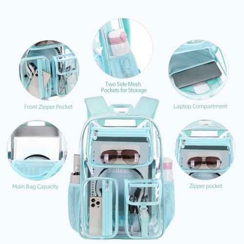 Image of Clear Backpack Heavy Duty For Stadiums Events,Light Blue 16inch TPU BookBag | See Through Plastic Stitch Durable Design 6-Pocket For School Boys Adults work Airport Quick Security,Large capacity backpack