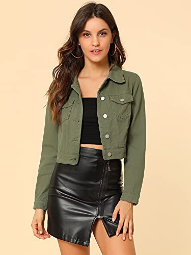 Allegra K Women's Button Down Denim Jacket Check Cuffs Casual Cropped Jean Jackets2