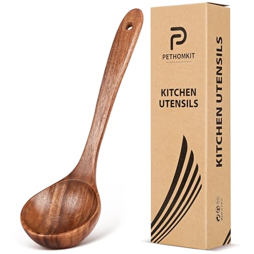 Wooden Soup Spoon for Cooking, Teak Acacia Soup Ladle, Non-Toxic Natural Wood Serving Spoon for Gravy Sauce Porridge, Long Handle Deep Scooper Server Utensil, No-Scratch Cookware Surface,10.6?