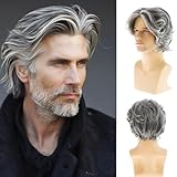 Wiwige Grey Wig for Men Short Layered Fluffy Wig Mix Gray Natural Looking Synthetic Daily Costume Halloween Wigs