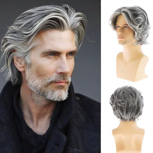 Wiwige Grey Wig for Men Short Layered Fluffy Wig Mix Gray Natural Looking Synthetic Daily Costume Halloween Wigs