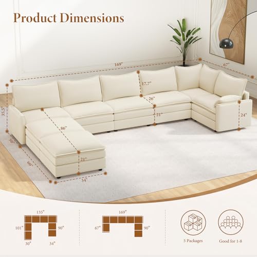 Image of Vesgantti Large Modular Sectional Sofa, Big Comfy Cloud Couch with Ottoman Deep Seat Chenille Cloud Sofa, 8 Seater Large Sectional Couches for Living Room, Bedroom and Apartment, Beige