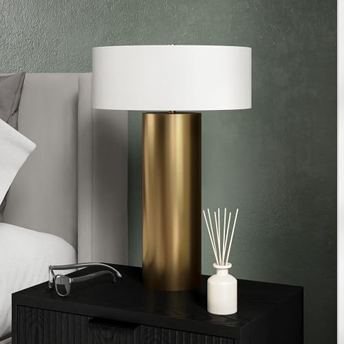 Henn&Hart 24" Mid-Century Modern 1-Light Table Lamp with White Fabric Drum Shade for Living Room, Bedroom, or Office, Gold by Henn&Hart - Image 2