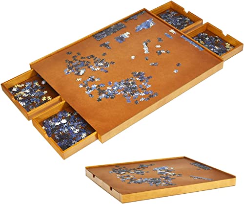 DREAMADE Plateau Puzzle en Bois, Tableau de Puzzle 1000-1500 Pièces, avec Grande Plateforme, 4 Tiroirs Coulissants et Bord Antichute, Idéal pour Les Puzzles et Les Jeux, 65x80x6,5cm, Naturel