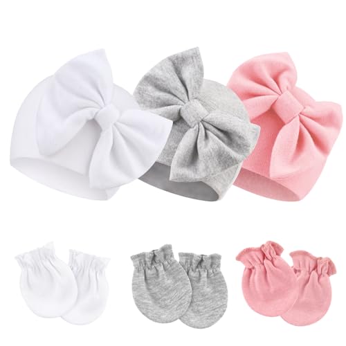 Image of BQUBO Newborn Baby Girls Hats Mittens Set Hospital Hat Beanie Infant Bow Hats Baby Cotton No Scratch Gloves for 0-6 Months