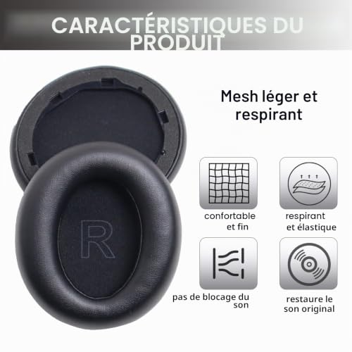 Coussinets d'oreille de Rechange compatibles avec Anker Soundcore Life Q30/Q35 BT, en Cuir Protéiné et Mousse à Mémoire de Forme, Oreillettes Coussinets Mousse pour Casque Audio - Noir – vue 4