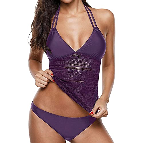Women Sexy Tummy Control Two Piece V Neck Halter Mesh Swimsuit with Bikini Set Sexy Bottom Bottom Shorts Swimwear Tankini, X-Large - Image 3