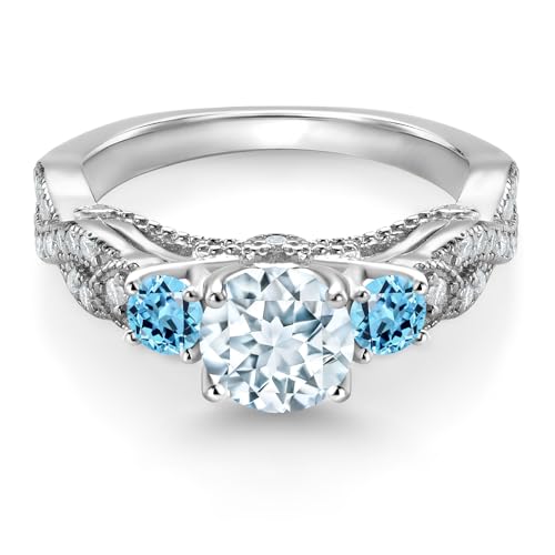 Gem Stone King 1.32 Cttw Sky Blue Aquamarine Swiss Blue Topaz and White Moissanite Engagement Ring For Women | 925 Sterling Silver | Gemstone March Birthstone | Round 6MM and 3MM2