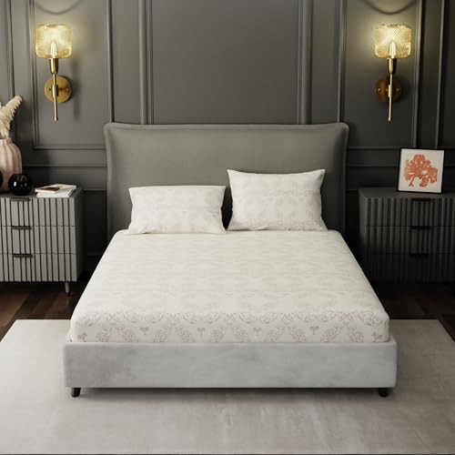Image of BLISSHOME Everlast 150TC King Size Fitted Bedsheet with 2 Pillow Covers, Aesthetic Bedding, Wrinkle Resistant, 100+ Wash Durable, Quick Dry, Elegant Ornate Pattern - Brown (183cm x 198cm + 25cm Drop)