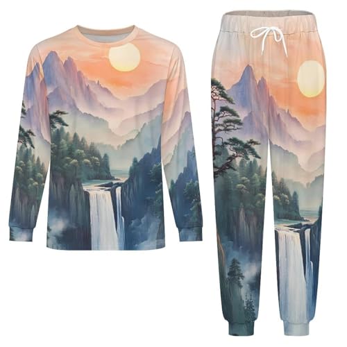 Chinese Landscape Mountain Waterfall Mens Pajamas Set Long Sleeve Sleepwear Pjs Set Shirts And Bottoms Sleep Sets Loungwear4