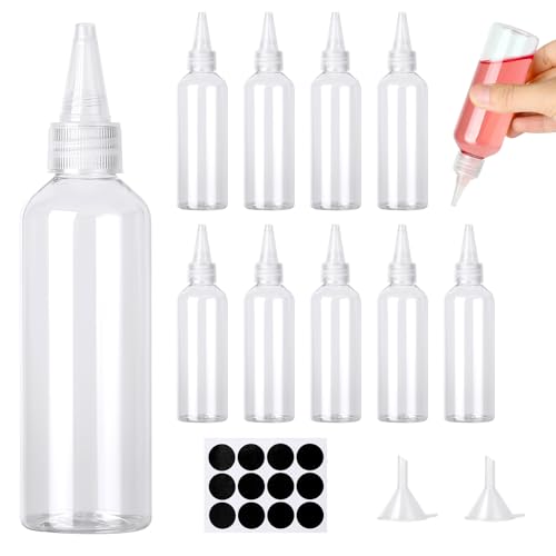 Amentalove 12PCS 100ml Bottiglia Squeeze di Plastica, Trasparente Bottiglie per Squeeze con Tappi,Spremere Bottiglie di Plastica, Vuote Condimento Dispenser con Imbuti per Liquidi Olio Ketchup Senape