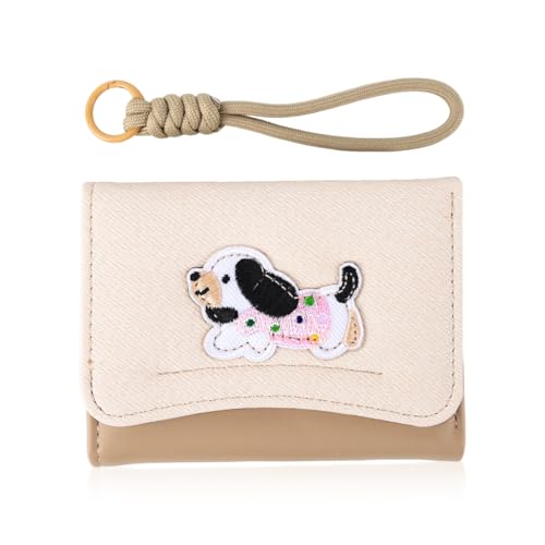 Image of PALAY Wallet for Women Cute Beige Puppy Card Holder Wallets Slim Compact ID Credit Card Coin Purse Kawaii Embroidered Mini Coin Pouch with Detachable Wrist Strap