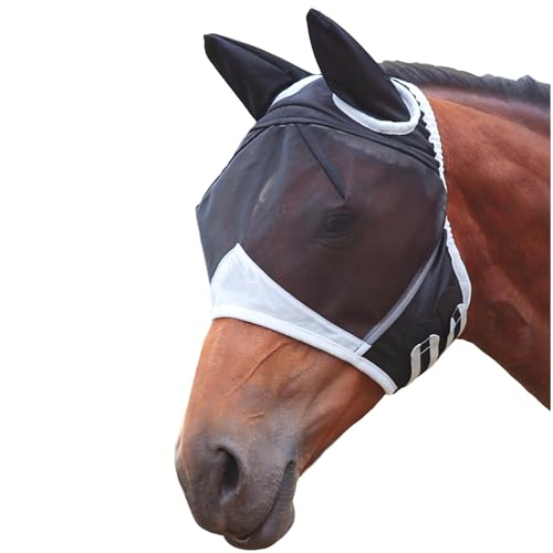 Fliegenmaske Pferd Schwarz Fliegenmaske Fliegenmaske Pferd uv Schutz Große Pferdemaske mit Ohren Klettverschluss & atmungsaktivem Netz Für Warmblut UV- &Insektenschutz (105 * 52 * 28cm)