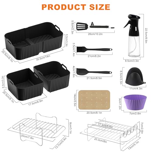 Air Fryer Accessories for Ninja AF500UK/AF500UKCP - Reusable 10.4L & 2 x 5.2L Silicone Liners Set with Grill Rack, Silicone Cup, Oil Brush, Parchment Paper, Gloves, Oil Bottle,Tongs & Spatula
