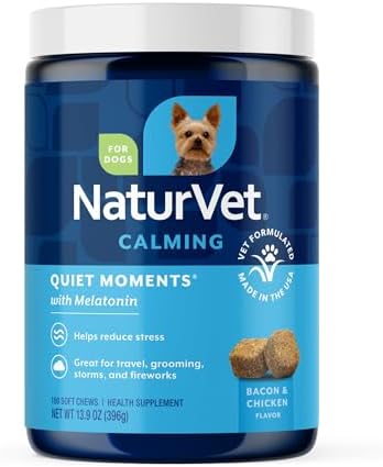 NaturVet Quiet Moments Calming Dog Supplement, Dog Soft Chews with Melatonin to Help Reduce Stress from Storms, the Vet, Fireworks, and Travel, Bacon and Chicken Flavored Pet Supplement, 180 Count Jar