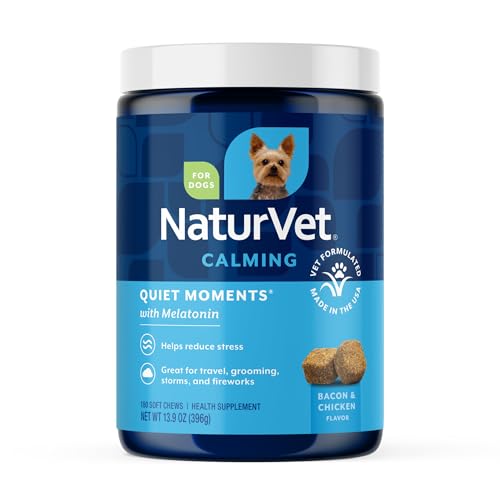 NaturVet Quiet Moments Calming Dog Supplement, Dog Soft Chews with Melatonin to Help Reduce Stress from Storms, the Vet, Fireworks, and Travel, Bacon and Chicken Flavored Pet Supplement, 180 Count Jar