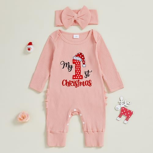 Dcohmch My First Christmas Baby Girl Outfit Fashionable Jumpsuit Embroidery Long Sleeve Romper + Headband Newborn Clothes2