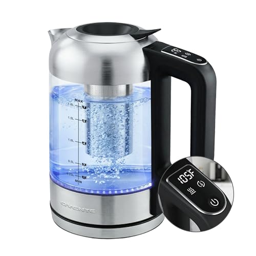 OVENTE Digital Glass Electric Kettle with Temperature Control, 1.8L Cordless Electric Tea Kettle with 7 Presets, Water Boiler Electric Pot, Keep Warm Function, Auto Shut-Off, Silver KGD752S
