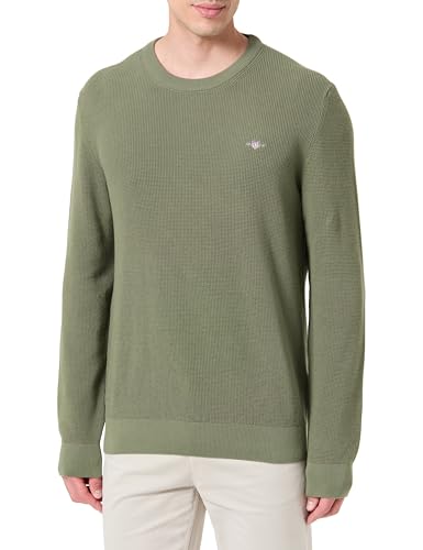 Logo Gant Pullover da Uomo in Cotone Micro Testurizzato con Scollo a C, Verde Erba secca, L