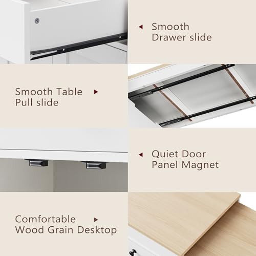 74.5 Inch White Kitchen Island with Extendable Dining Table, Rolling Wheels, Spice Rack, 2 Drawers & 4 Door Cabinet for Dining Room & Storage Solutions