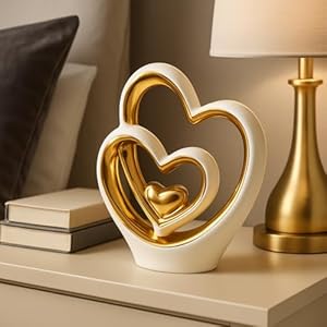 Gold Heart Ornament – Elegant Ceramic Couple Sculpture – White & Gold Tabletop Decor – Romantic Centerpiece for Living Room, Bedroom or Office – Anniversary or Valentine’s Gift