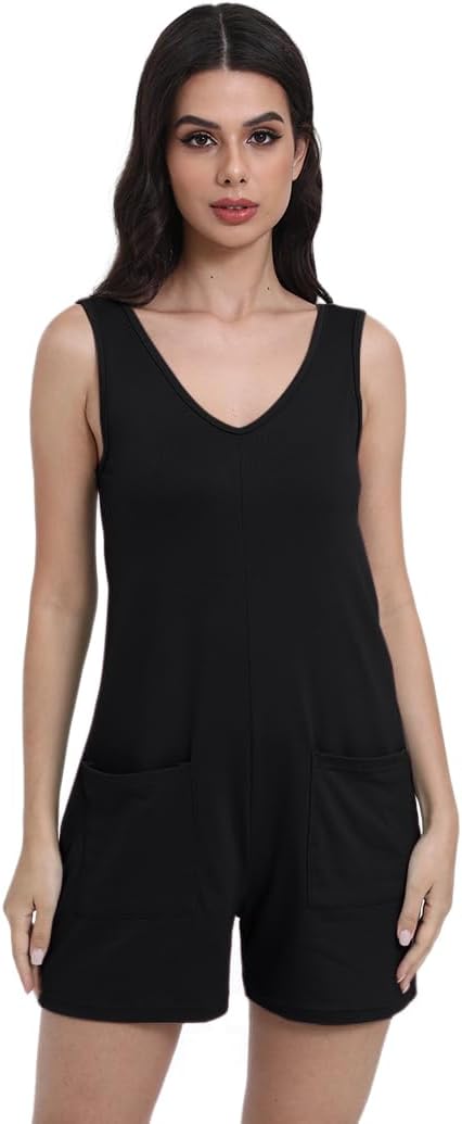Womens Summer V Neck Sleeveless Tank Top Romper Loose Fit Jumpsuit Trendy One Piece Jumps with Pockets - Image 2