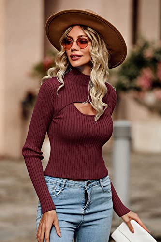 Image of PRETTYGARDEN Women's 2025 Fashion Fall Clothes 2 Piece Cutout Tops Long Sleeve Mock Neck Rib Knit Winter Pullover Sweater (Wine Red,Small)