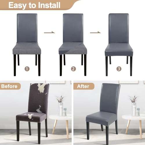 Image of SearchI Waterproof PU Leather Dining Chair Covers Stretch, Set of 4, Gray