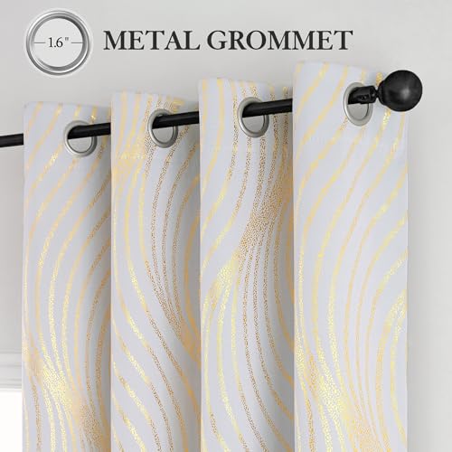 Xwincel 100% Blackout Curtains for Bedroom, White Gold Wave Line Dot Patterned Curtains 63 Inch Length, Metallic Gold Drapes Living Room Darkening Thermal Insulated Grommet Window Curtains 2 Panels - Image 6