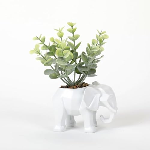 A beautiful minimalist geometric animal simulation potted plant sculpture. This is an ideal creative and unique decoration item, suitable for both home and office use. (White elephant figurine)