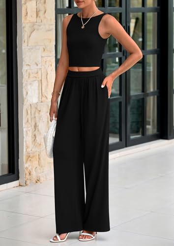 PRETTYGARDEN Spring Two Piece Sets For Women 2025 Ribbed Knit Crew Neck Sleeveless Tank Tops Wide Leg Pants Casual Lounge Set4