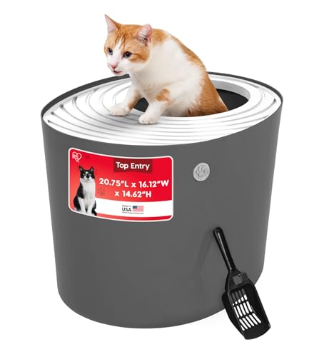 IRIS USA Cat Litter Box Large Top Entry with Lid Enclosed Covered Hooded Design Litter Catching Scatter Shield Pan Dog Proof Pet Proof Scoop Included Odor Control for Cats Kittens Dark Gray/White