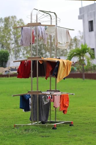 Image of Heavy Duty 304 Stainless Steel Foldable Cloth Dryer Stand | 3 Layer Movable Laundry Drying Rack for Indoor & Outdoor Use (Steel Mirror)