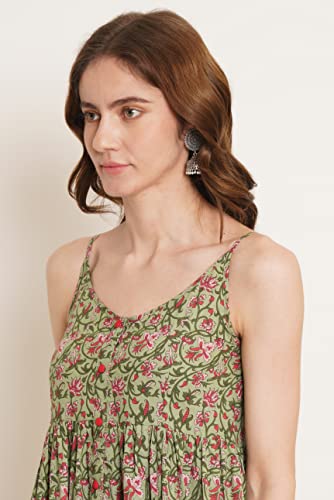 Image of COTLAND Fashions Jaipuri Cotton Printed Flared Strappy Midi A-Line Dress For Women (Meadow Mist) Medium