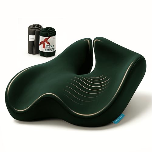 Orthopedic Coccyx Cushion for Tailbone Pain Relief, Sciatica and Back Pain - XL Memory Foam Seat Cushions for Office Chairs, Car, Gaming - Ergonomic Cushion with Removable Spare Cover (Green)