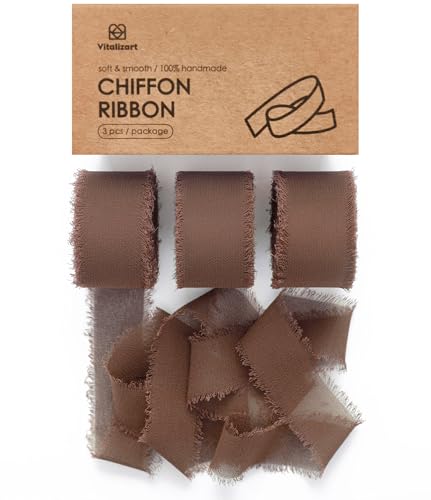 Vitalizart Brown Chiffon Silk Ribbon 1" x 21 Yd Fringe Fabric Package (3 Rolls * 7 Yd) for Wedding Invitations Bridal Bouquets Decorations Gifts Wrapping & Bow Making